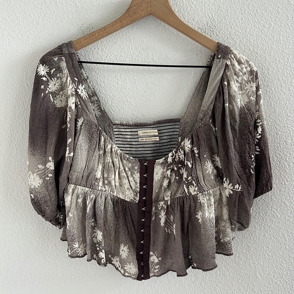 Urban Outfitters Earth Toned Hook & Key Puff Sleeve Cropped Fairy Top Blouse M